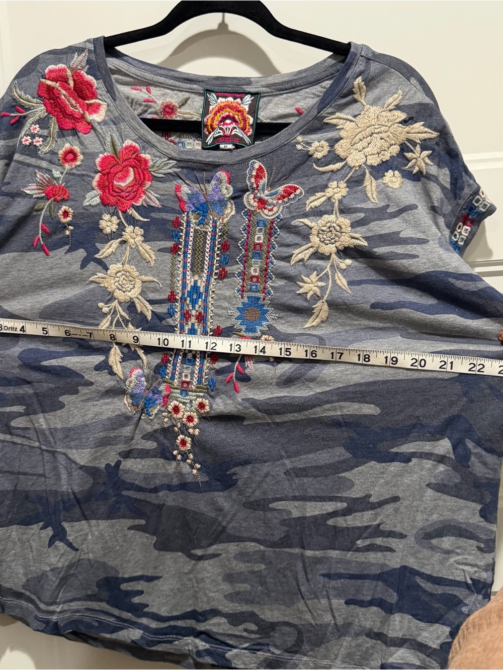 Johnny Was Blue Camo Tee with Multicolor Floral Embroidery - Picture 5 of 6